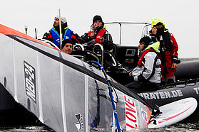 Volwater takes a break on the start boat